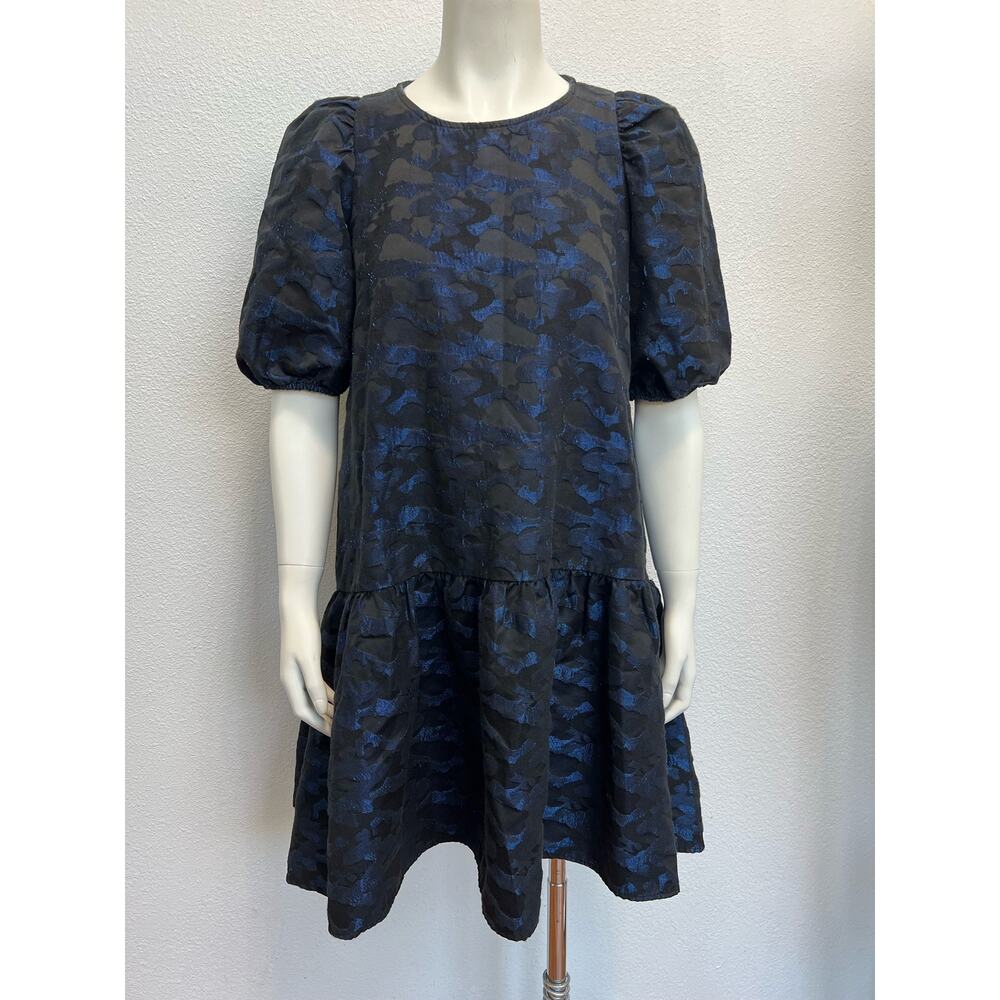 ZARA Jacquared Metallic Blue Black Puff Sleeve Mini Dress in Size Small